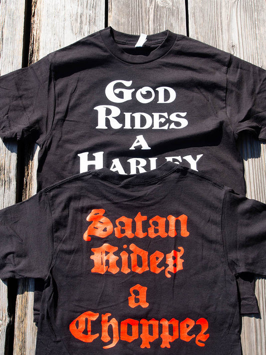 "CUT-RATE" GOD/SATAN RIDES TEE